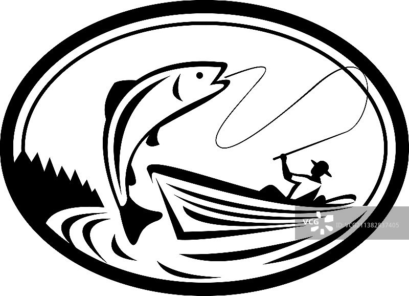 飞蝇钓鱼者在渔船上卷起鳟鱼图片素材