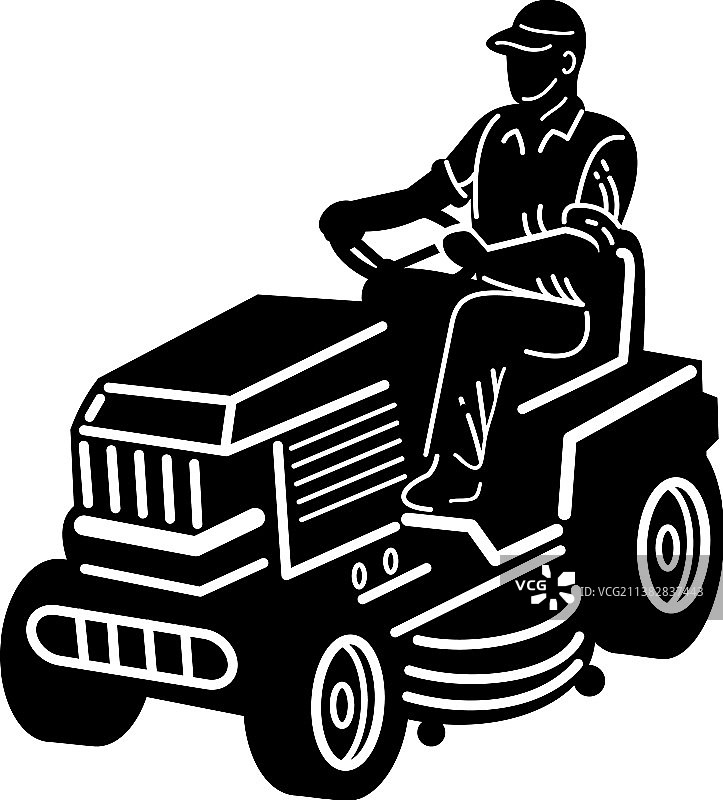 园丁驾驶割草机修剪草坪复古风图片素材