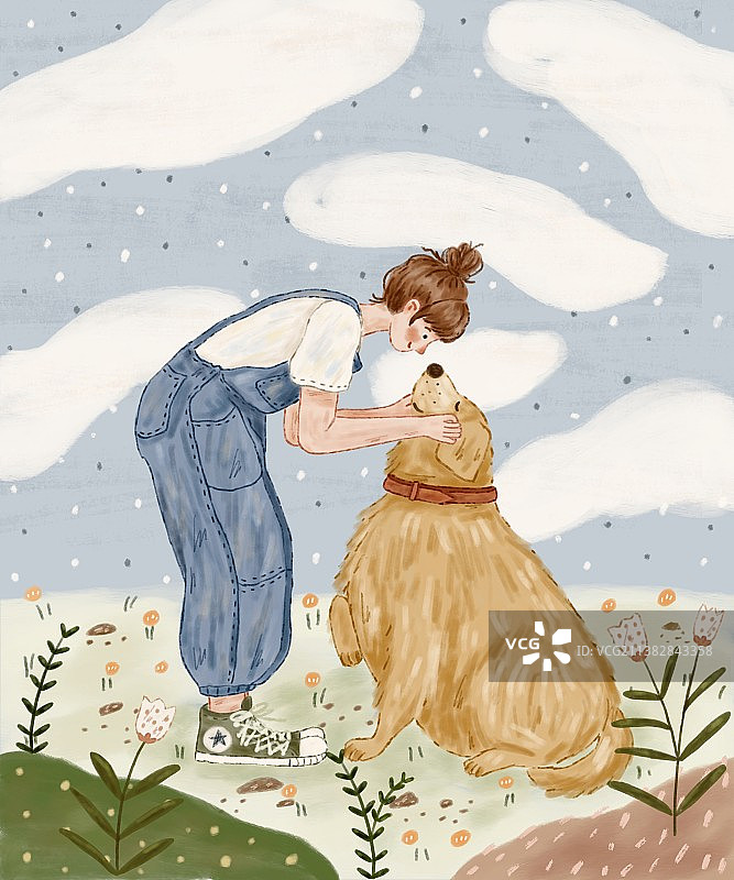 女孩和小狗春天可爱手绘风插画图片素材