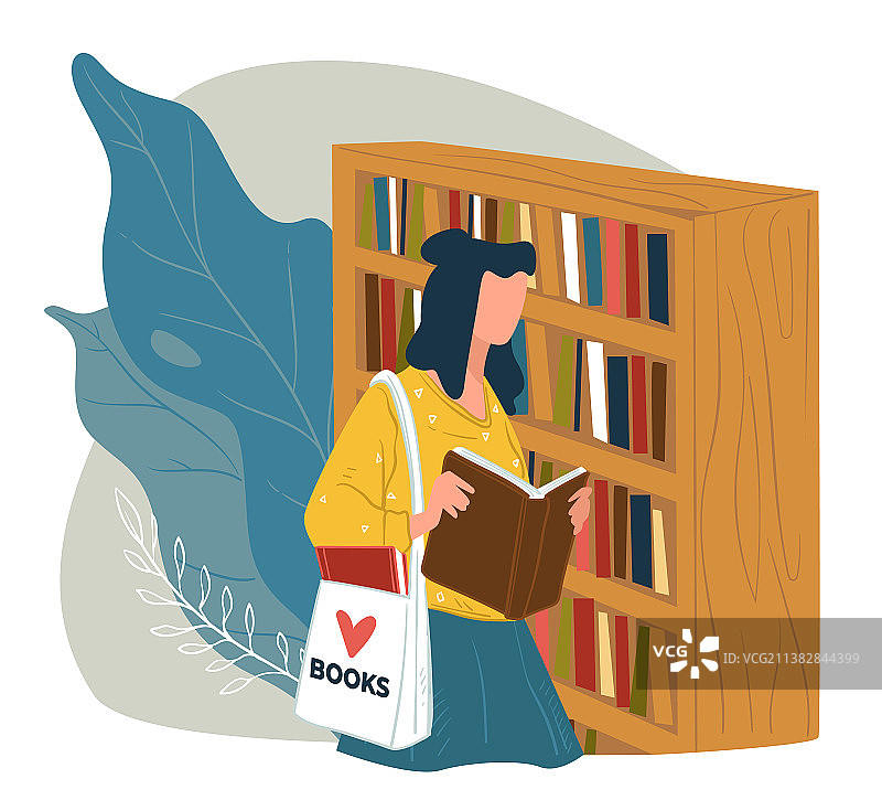 在商店里选择书籍阅读的女性角色图片素材