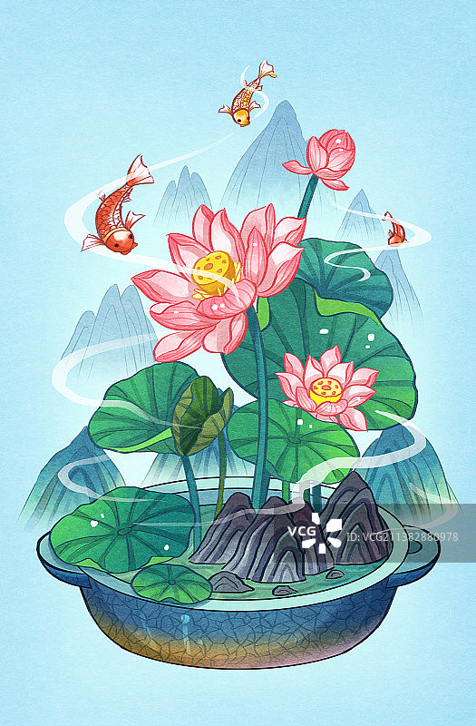 古风莲花荷叶大暑小暑夏至立夏锦鲤鲤鱼山水插画图片素材