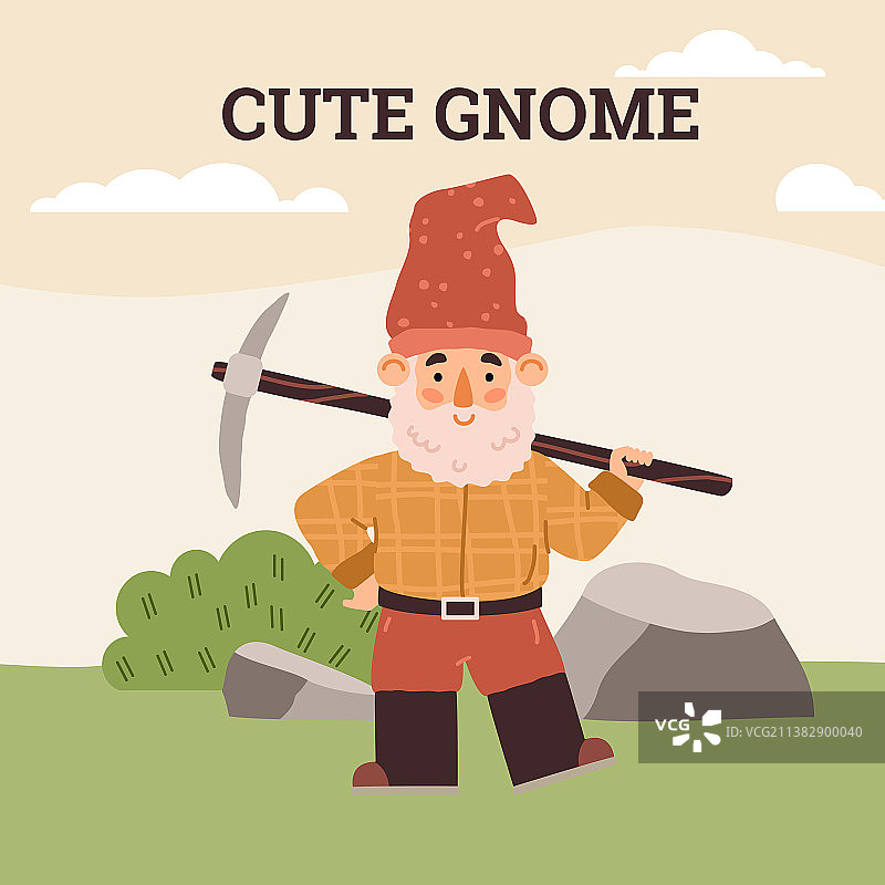 戴着胡须帽和镐的可爱的花园侏儒图片素材