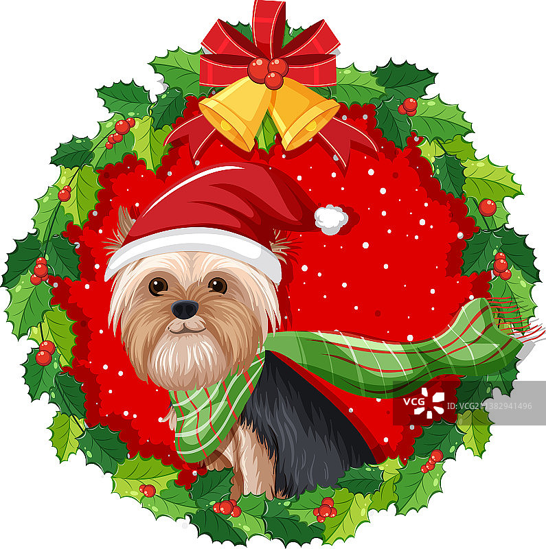 戴着圣诞花环的可爱约克夏犬图片素材