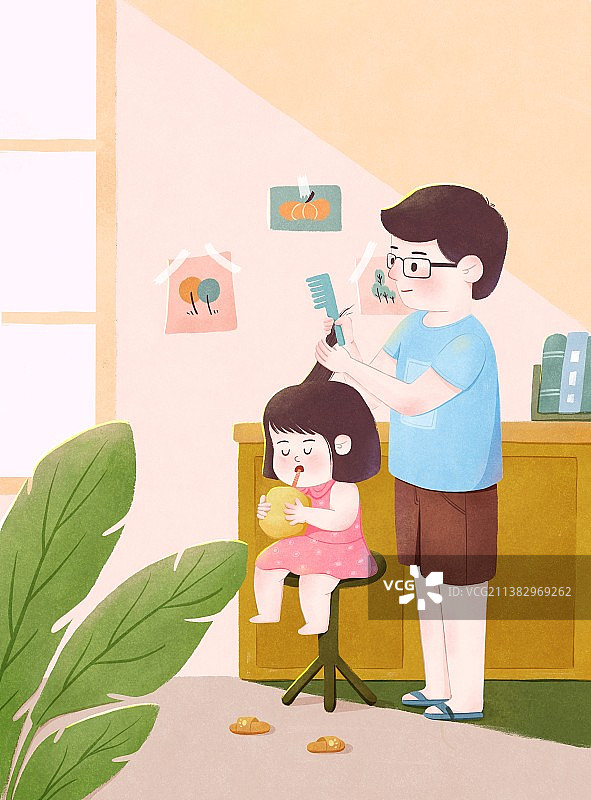 在窗前阳光下爸爸给女儿梳头发图片素材