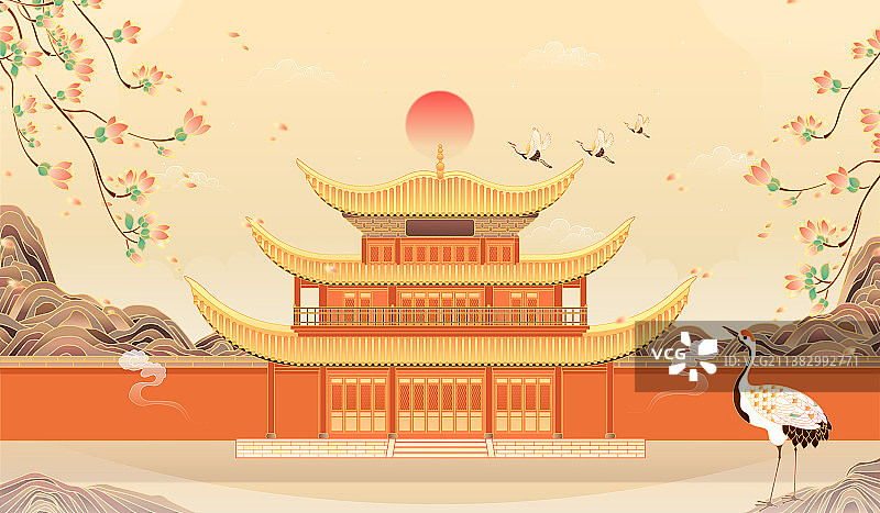 复古中国风湖南岳阳楼建筑插画图片素材