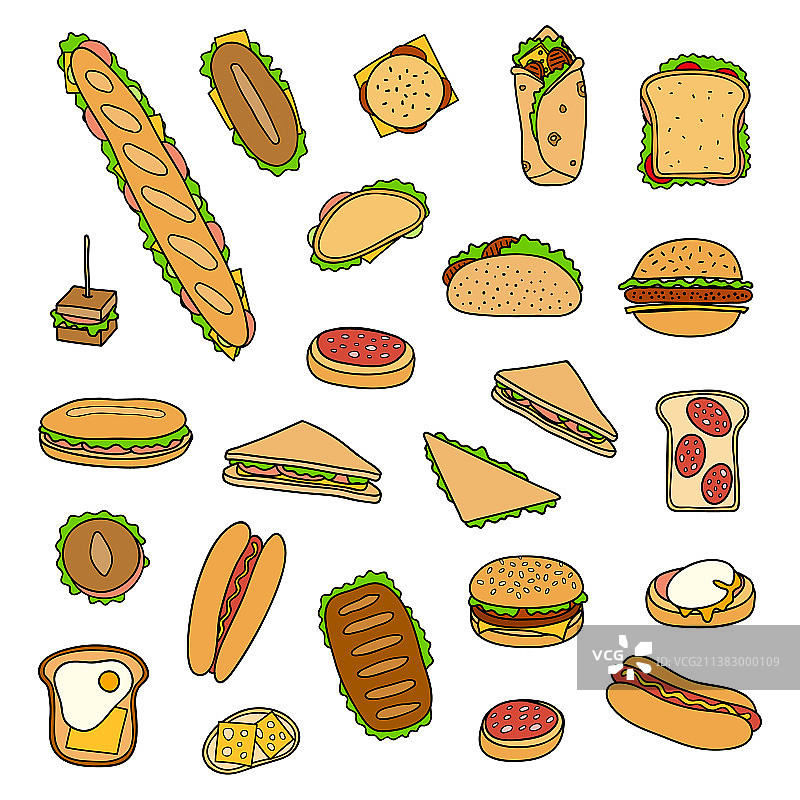 手绘三明治和汉堡包图片素材