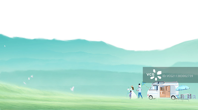 一家四口户外房车郊游露营插画图片素材