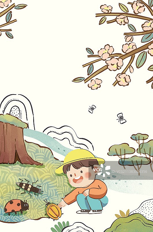 春天田野流水-和昆虫逗趣的儿童图片素材