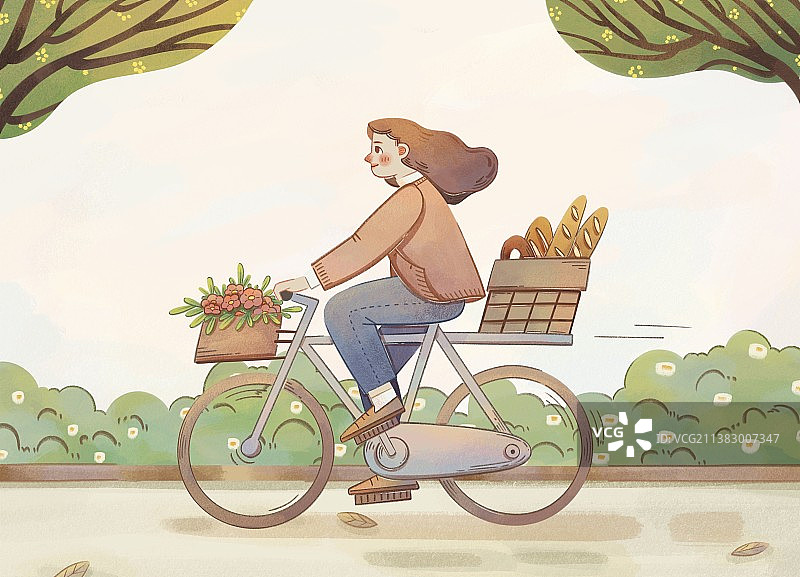 手绘在绿荫小道骑车的少女图片素材