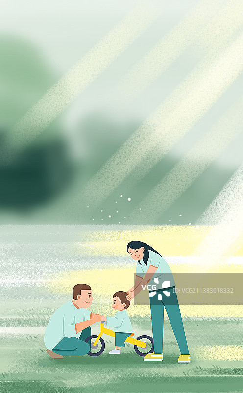 美好童年小时候夏天夏季户外亲子互动宝宝孩子幼儿滑行车开心插画图片素材