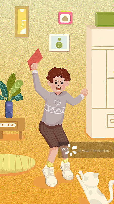 收到录取通知书的男孩高兴的手舞足蹈图片素材