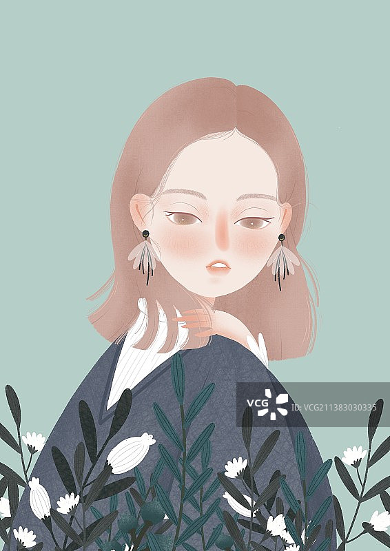 蓝色手绘清新回头的少女图片素材