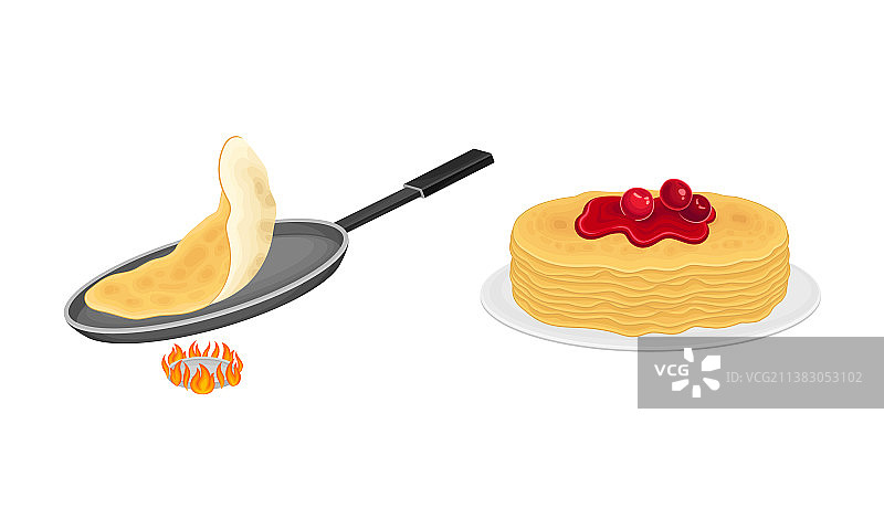 新鲜出炉的堆叠煎饼制作过程图片素材