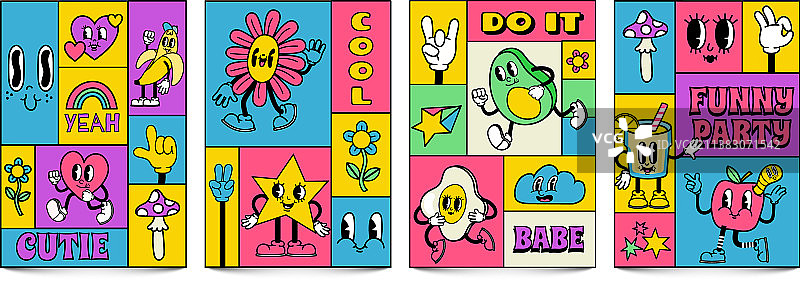 带有趣卡通图案的马赛克时尚海报图片素材