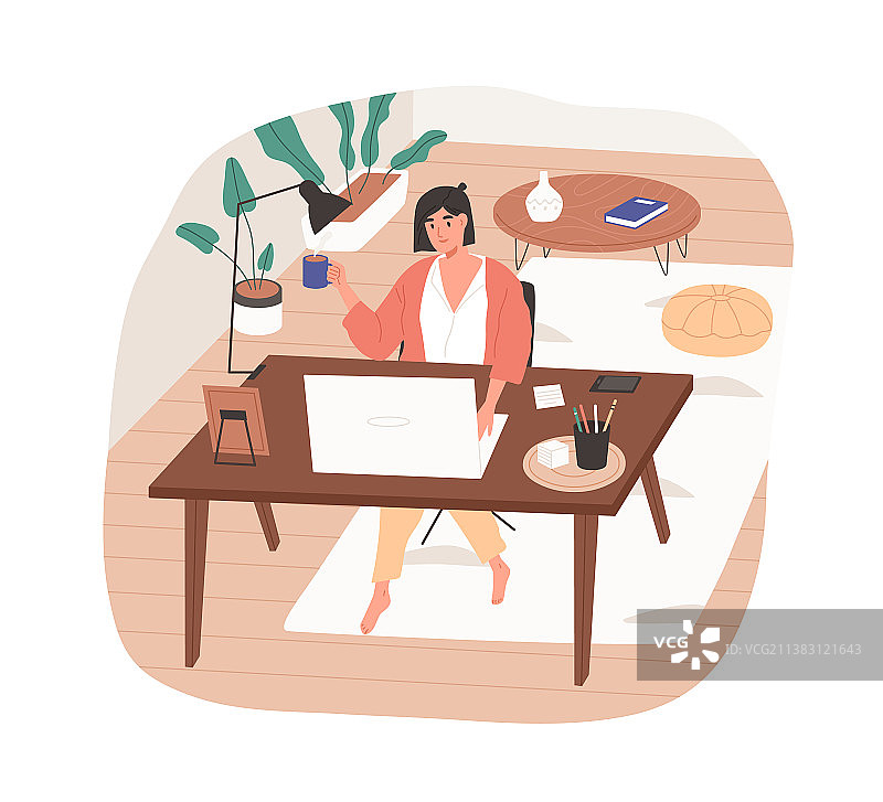 在舒适的家庭办公室远程办公的女人图片素材