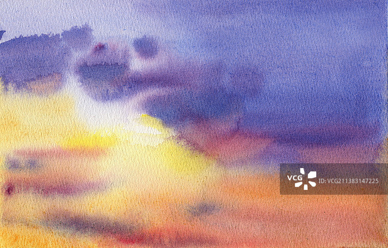 水彩手绘落日晚霞风景插画图片素材