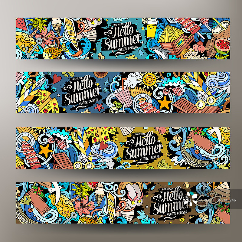 卡通可爱涂鸦夏季海滩横版图片素材