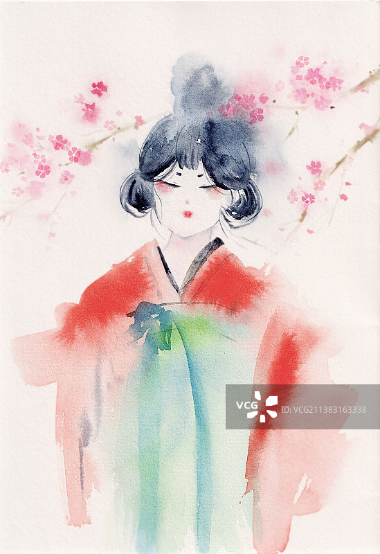 古风水彩女孩图片素材