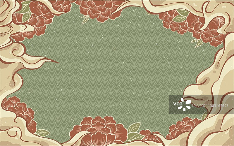 国潮风牡丹花祥云边框背景插画图片素材