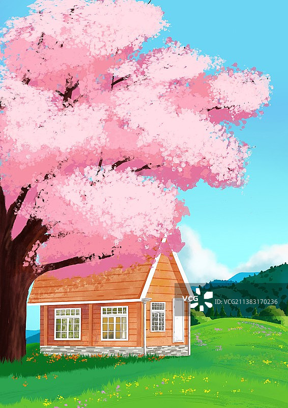 樱花下的小屋图片素材