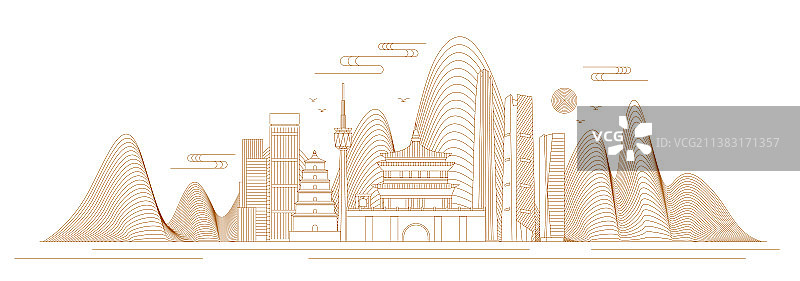 西安线条矢量插画图片素材