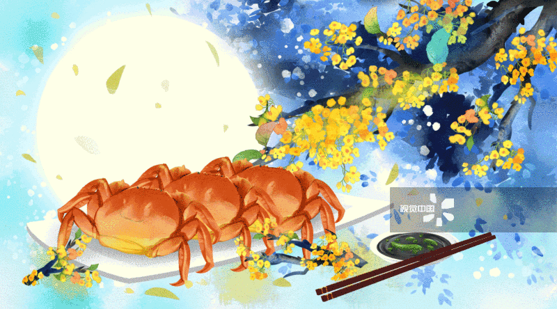中国传统节日中秋节吃螃蟹插画-GIF动图图片素材