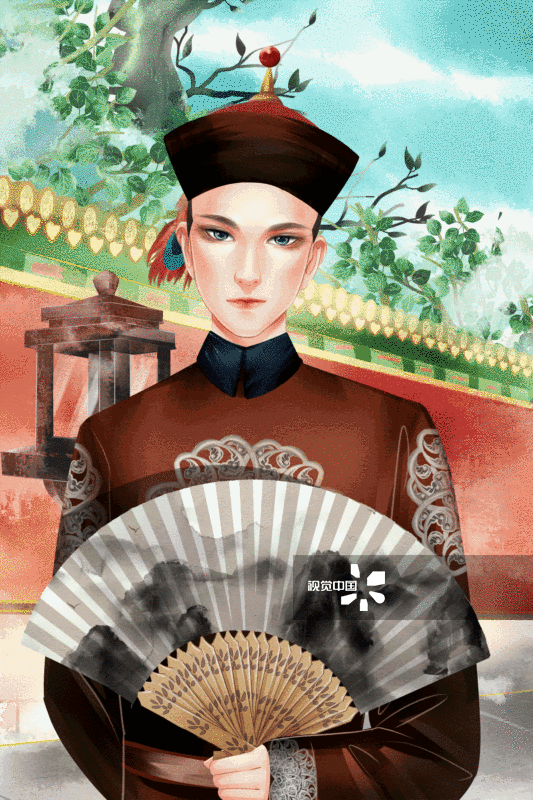 中国风水彩古风清朝男性太监插画-GIF动图图片素材