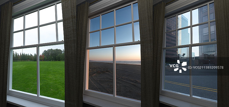 一扇窗户，三个地点图片素材