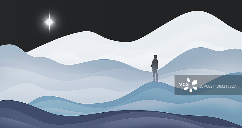 站立在山峦之间遥望北极星的登山人抽象插画图片素材