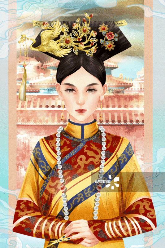 中国风水彩古风清朝皇后插画-GIF动图图片素材