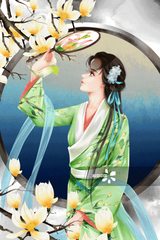 中国风水彩古风女性少女插画-GIF动图图片素材