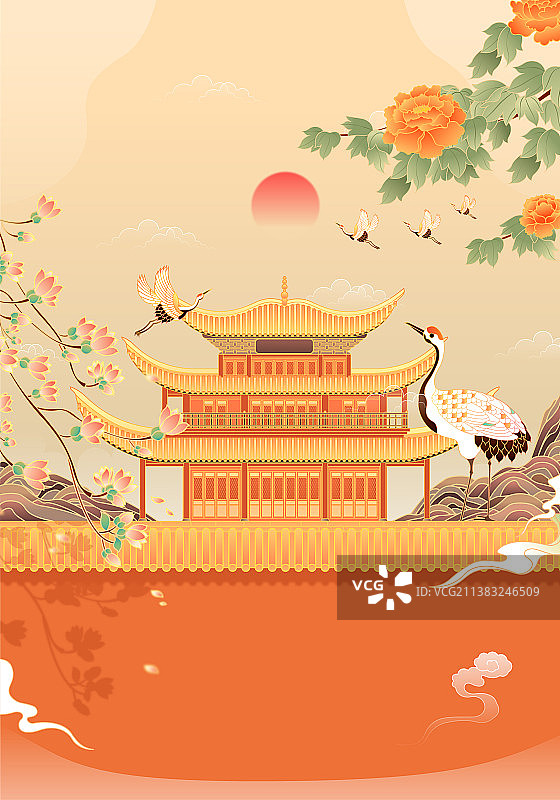 复古中国风湖南岳阳楼建筑插画图片素材