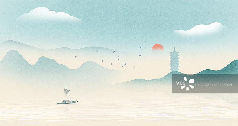 新中式风格山水风景插画图片素材