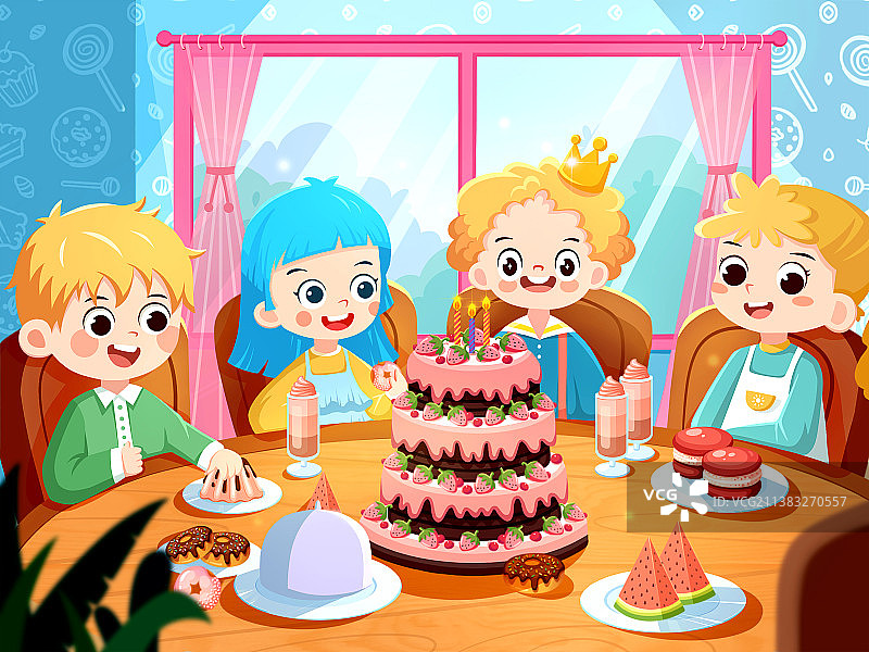 生日蛋糕庆祝聚餐糕点小朋友儿童卡通课件插画场景图片素材