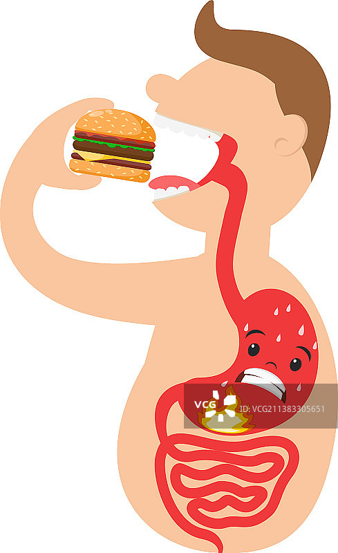 男子吃汉堡胃部不适图片素材