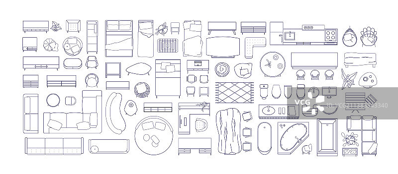 房间内部的线性家具俯视图图片素材