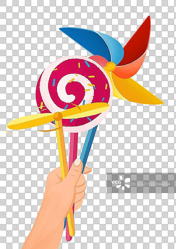 手拿着棒棒糖风车竹蜻蜓图片素材