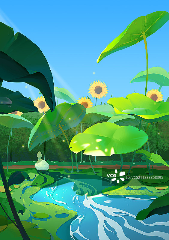 夏天阳光下鸭子在荷花塘里游泳手绘插画图片素材