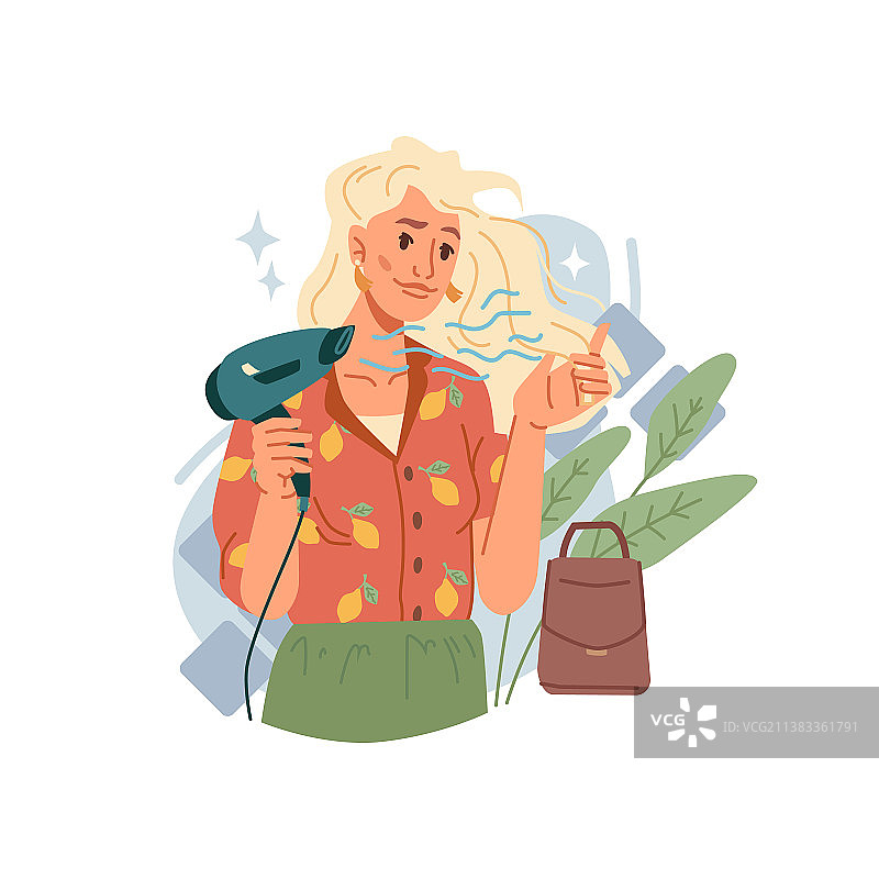 用吹风机吹干头发的女子图片素材