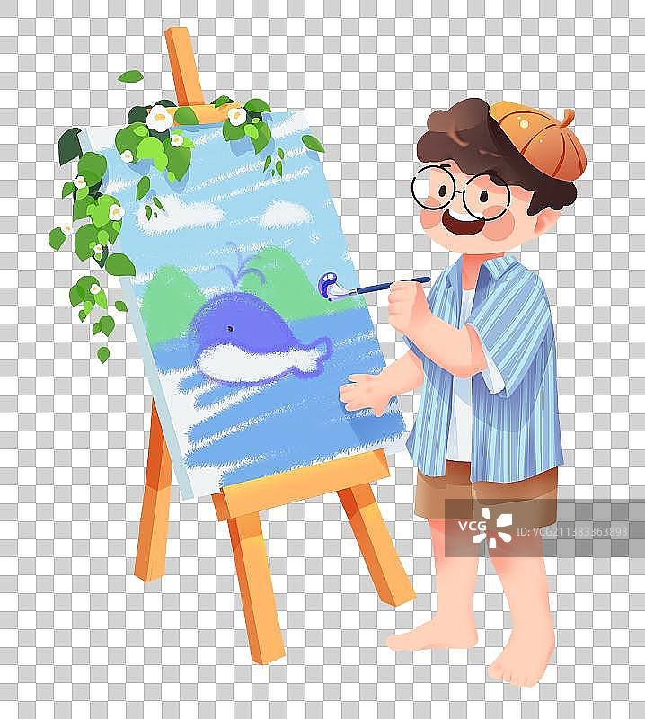 戴帽子画画的可爱小男孩手绘可爱免扣插画元素图片素材