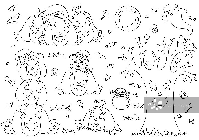 有趣的南瓜树月亮猫着色合集图片素材