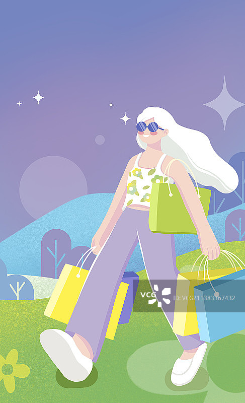 购物节人物扁平风清新插画竖版图片素材