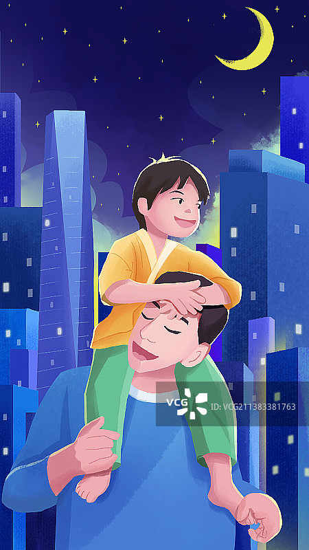 父亲节插画-孩子坐在父亲肩膀上图片素材