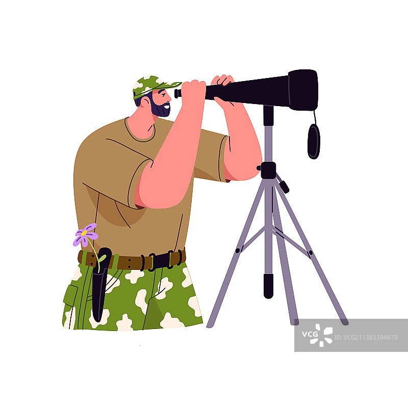 男人用单筒望远镜观察图片素材