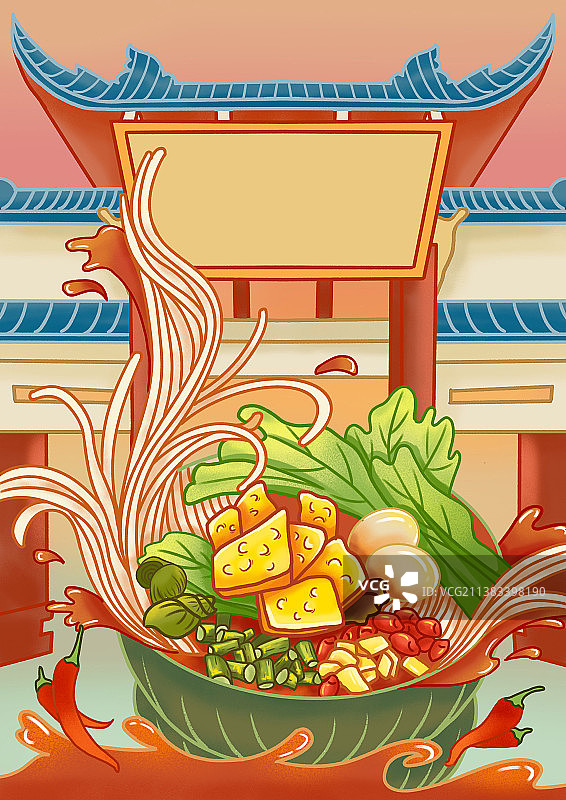 手绘国潮螺蛳粉包装插画图片素材