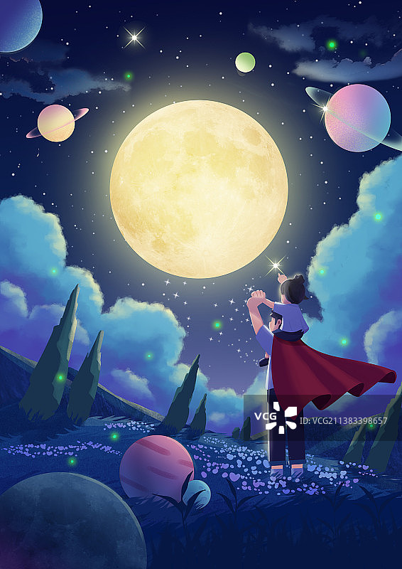父亲节星空亲子肌理风插画图片素材
