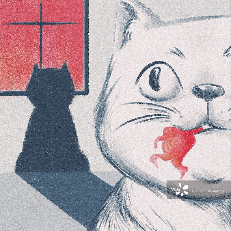 着火了，猫叼起鱼想把它拯救图片素材