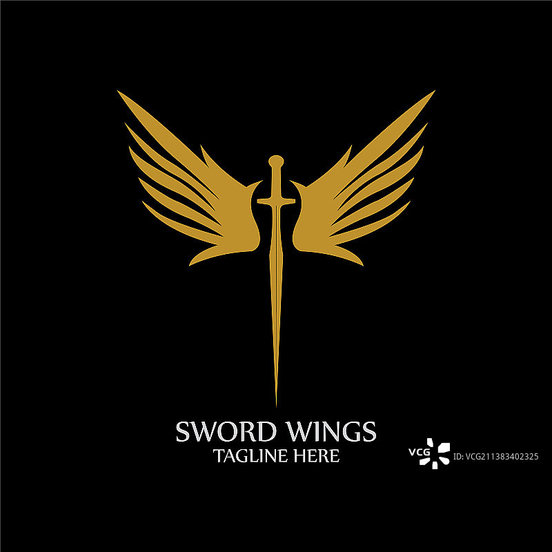 带翅膀的剑，黑色背景上的金色剑符号图片素材