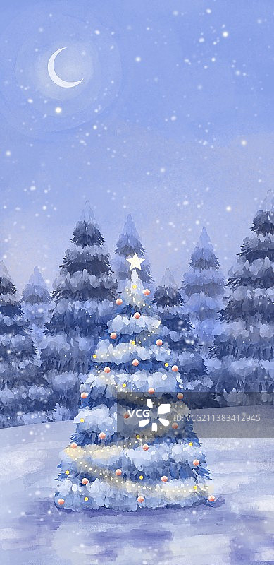 圣诞节圣诞树夜晚森林雪景图片素材
