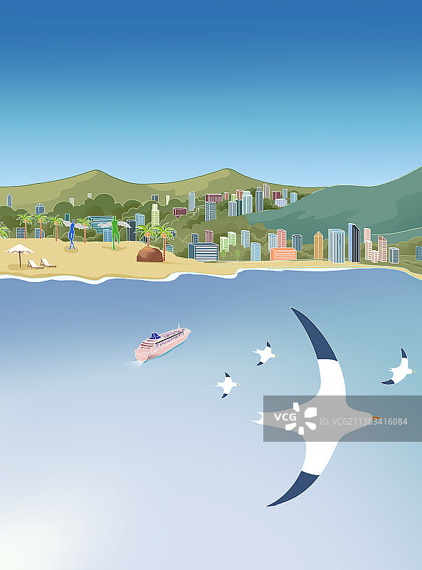 沿海城市热带都市海滨海滩沙滩度假鸟瞰风景大海海鸟插画图片素材